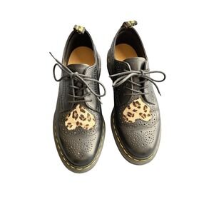 Dr. Doc Martens Lace Joyce Heart Leopard Oxford Brogue Black Leather Shoe 8 39